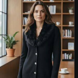 NWT Vintage NYgard Collection Black Cardigan Small Genuine Rabbit Fur Collar